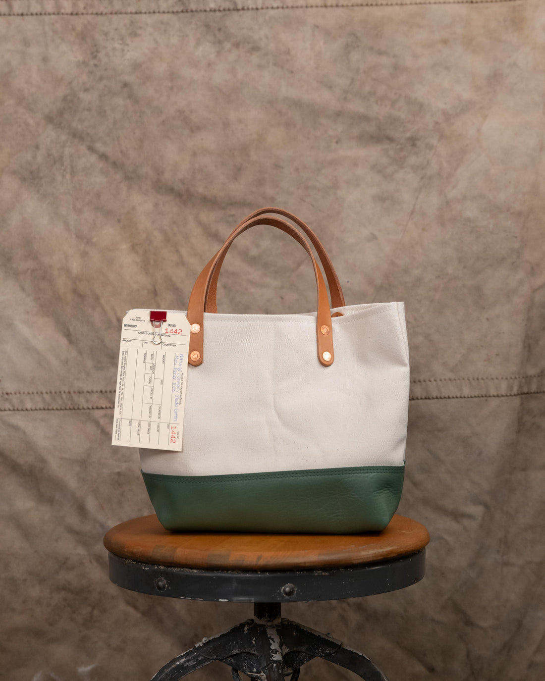 1442 Natural Canvas and Studio Green Mini Panel Tote 5” Russet Handles