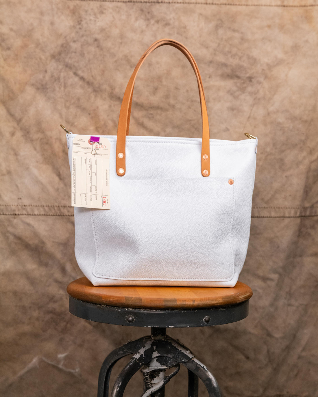 1493 White Italian Pebbled Travel Tote with zipper and 7&quot; russet handles