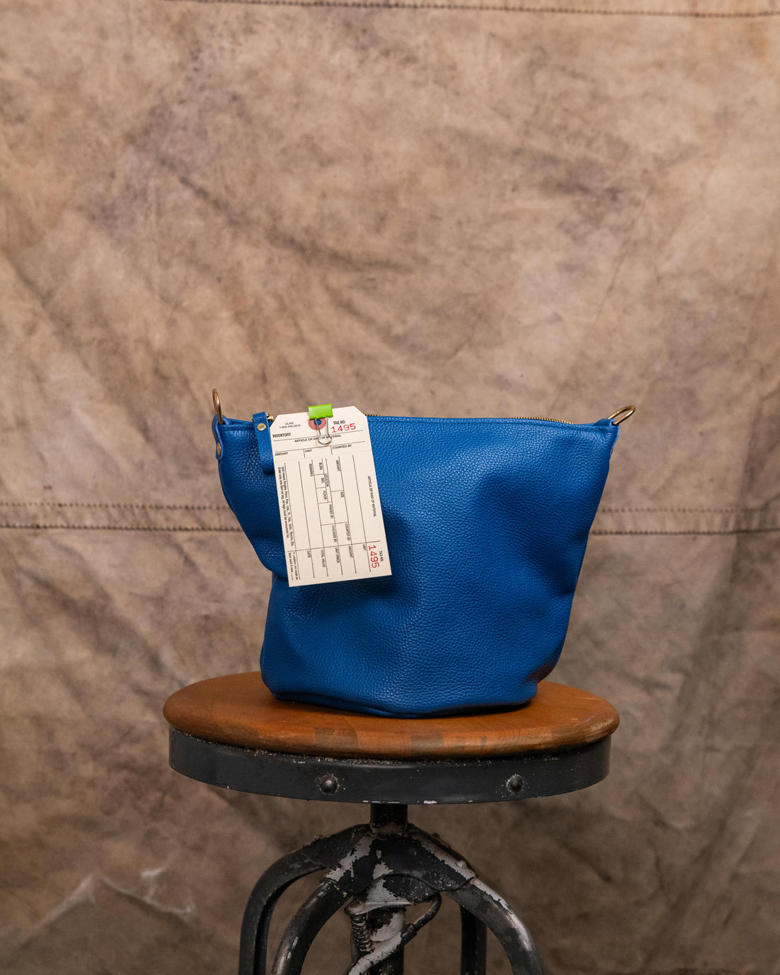 1495 Blue Italian Pebbled Zip Top Bucket Bag (no strap)