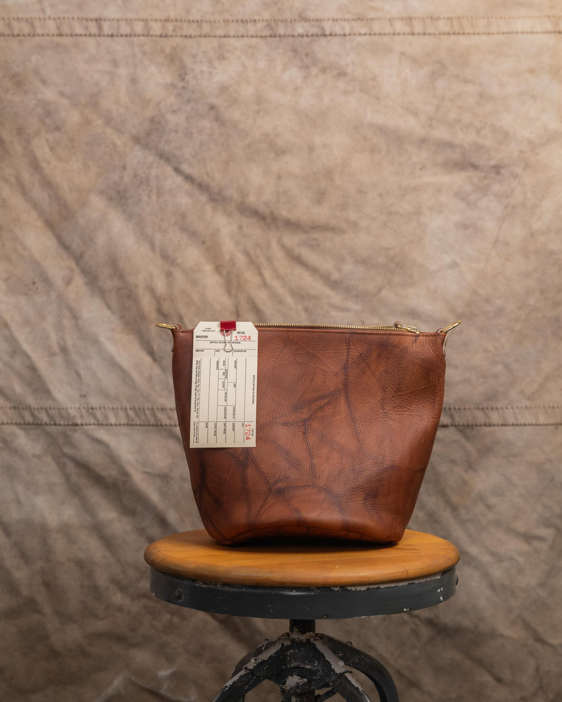 1724 Tan Crunch Zip Top Bucket Bag with patch