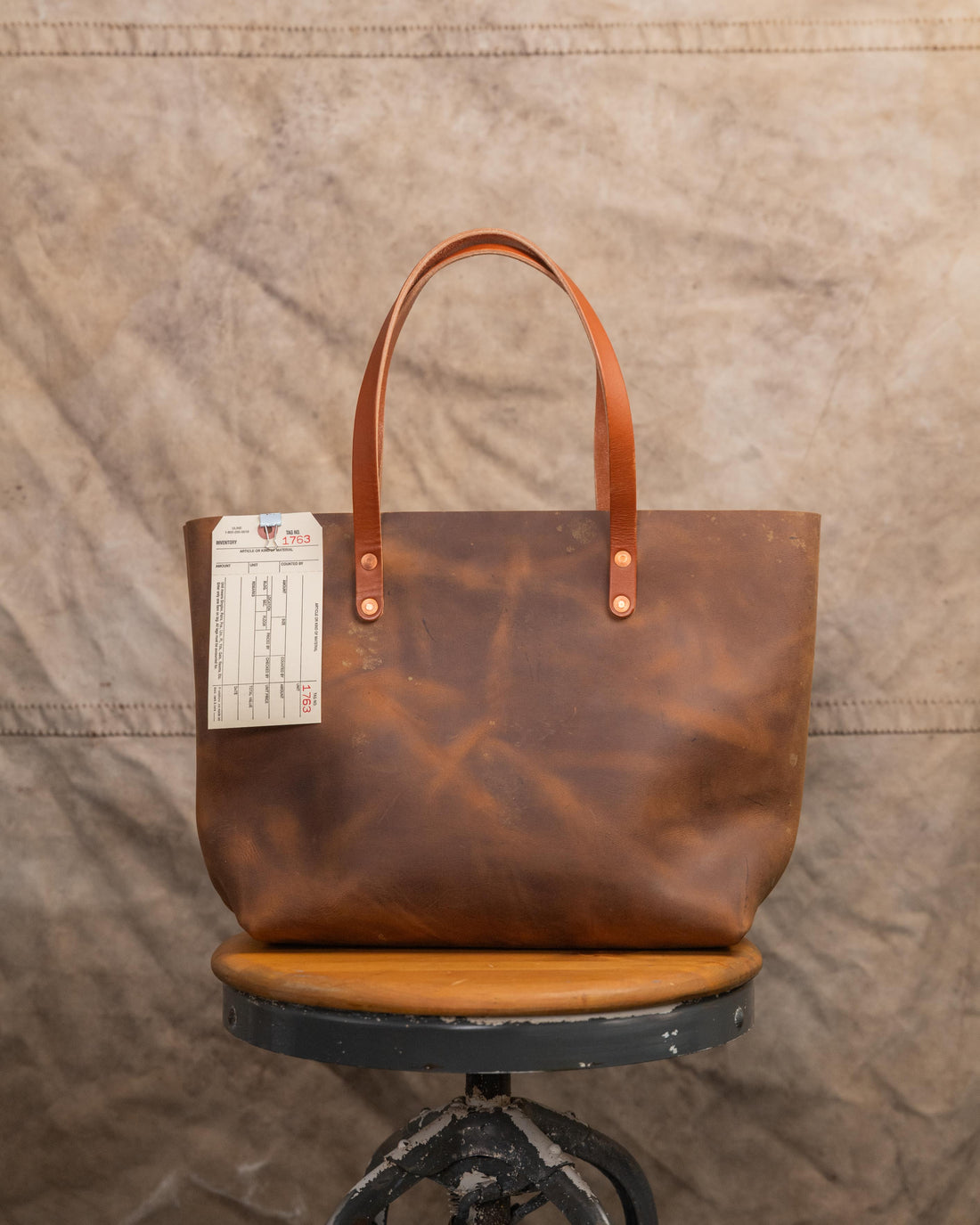1763 Distressed Tan East West Tote with 7” Tan Handles
