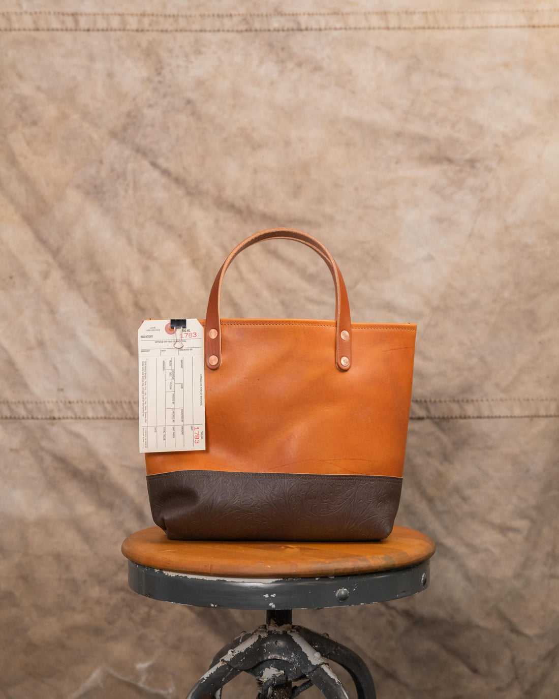 1783 Floral Embossed Brown Chromexcel and Natural Dublin Mini Panel Tote with 5” Tan Handles