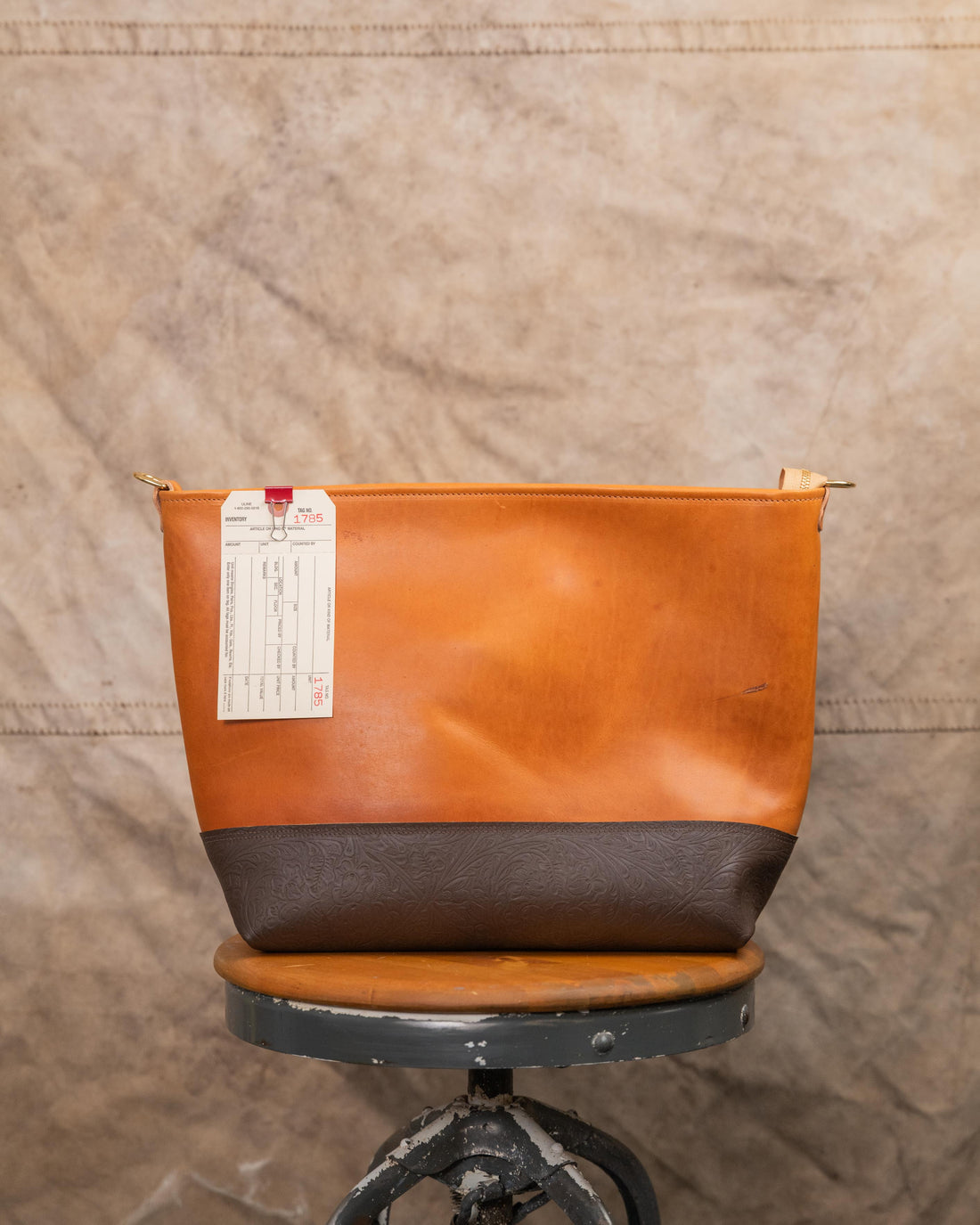 1785 Floral Embossed Brown Chromexcel and Natural Dublin East West Crossbody Panel Tote