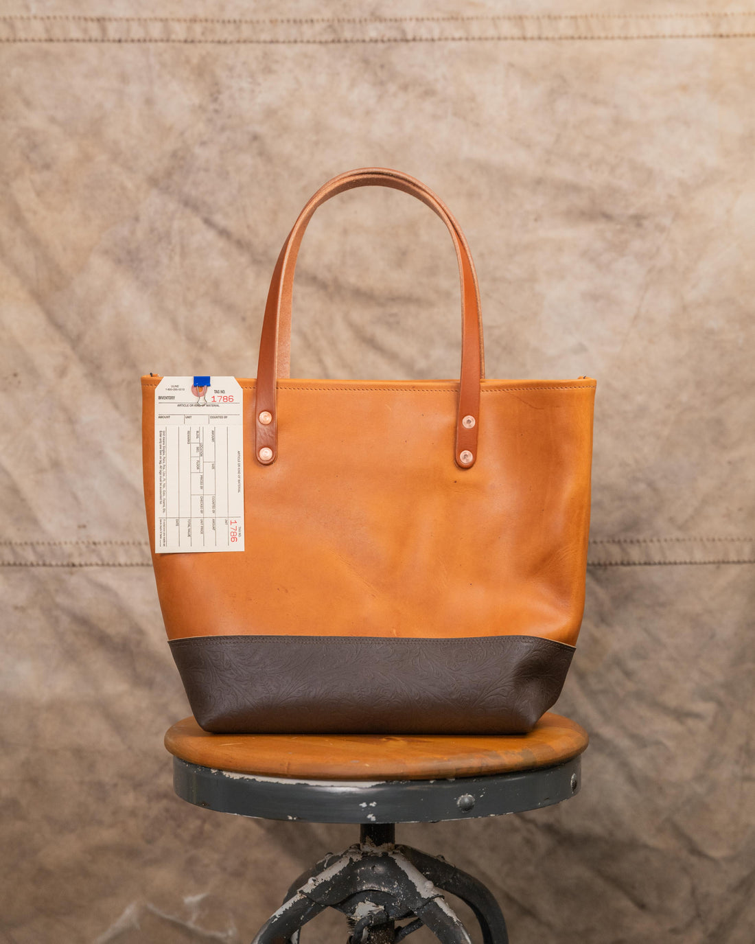 1786 Floral Embossed Brown Chromexcel and Natural Dublin Panel Tote with 7” Tan Handles