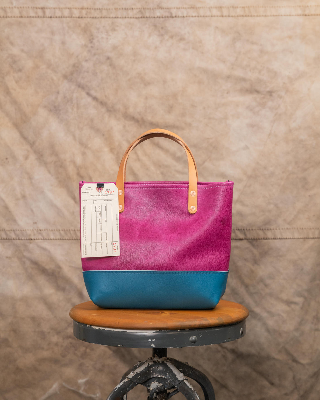 1787 Pink Bulldog and Teal Bullhide Mini Panel Tote with 5” Russet Handles