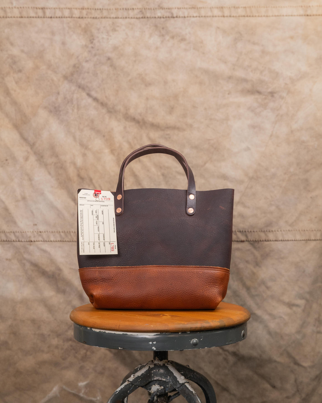 1789 Hickory and Macchiato Mini Panel Tote with 5” Dark Brown Handles