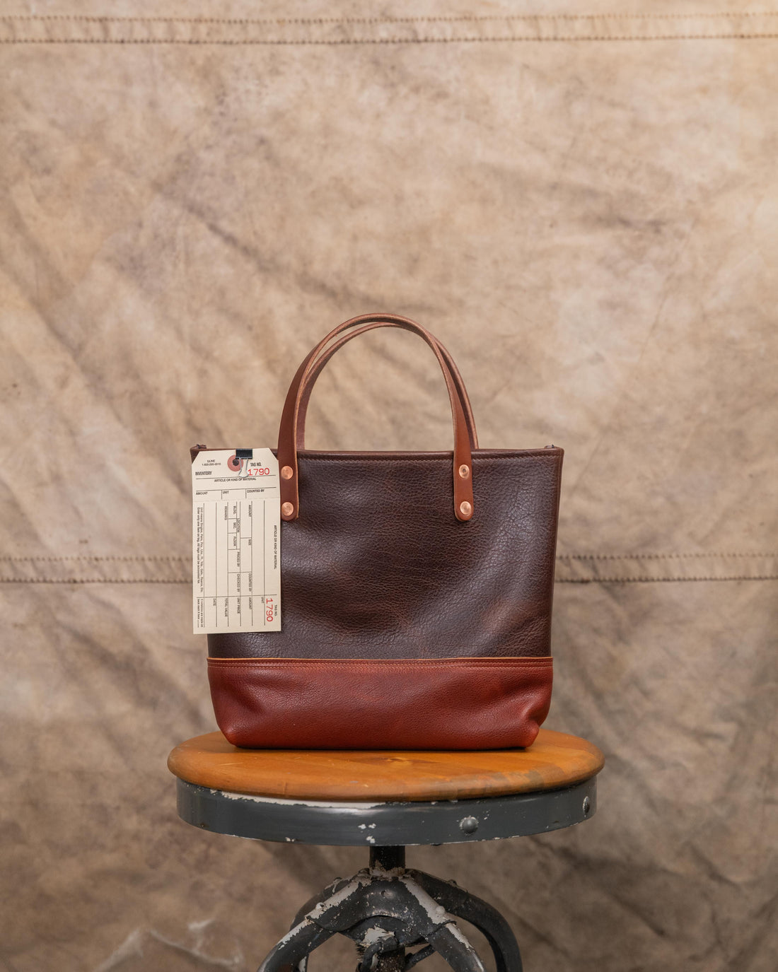 1790 Dark Tan and Dark Brown Bulldog Mini Panel Tote with 5” Brown Handles