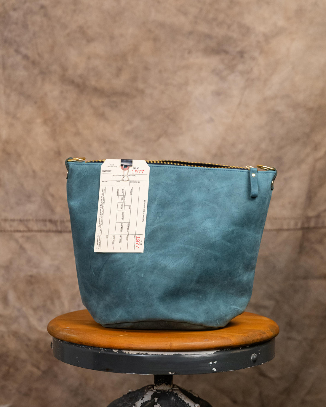 1977 Atlantic Blue Zip Top Bucket Bag with Chain Link Strap