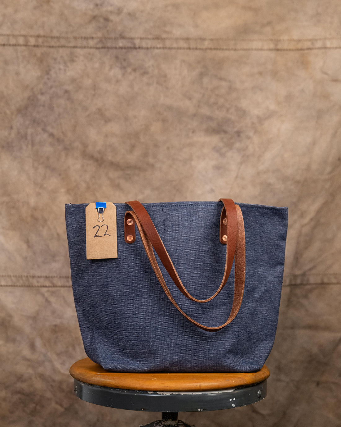 22 Heather Blue Canvas Tote with 9" Soft Tan Handles