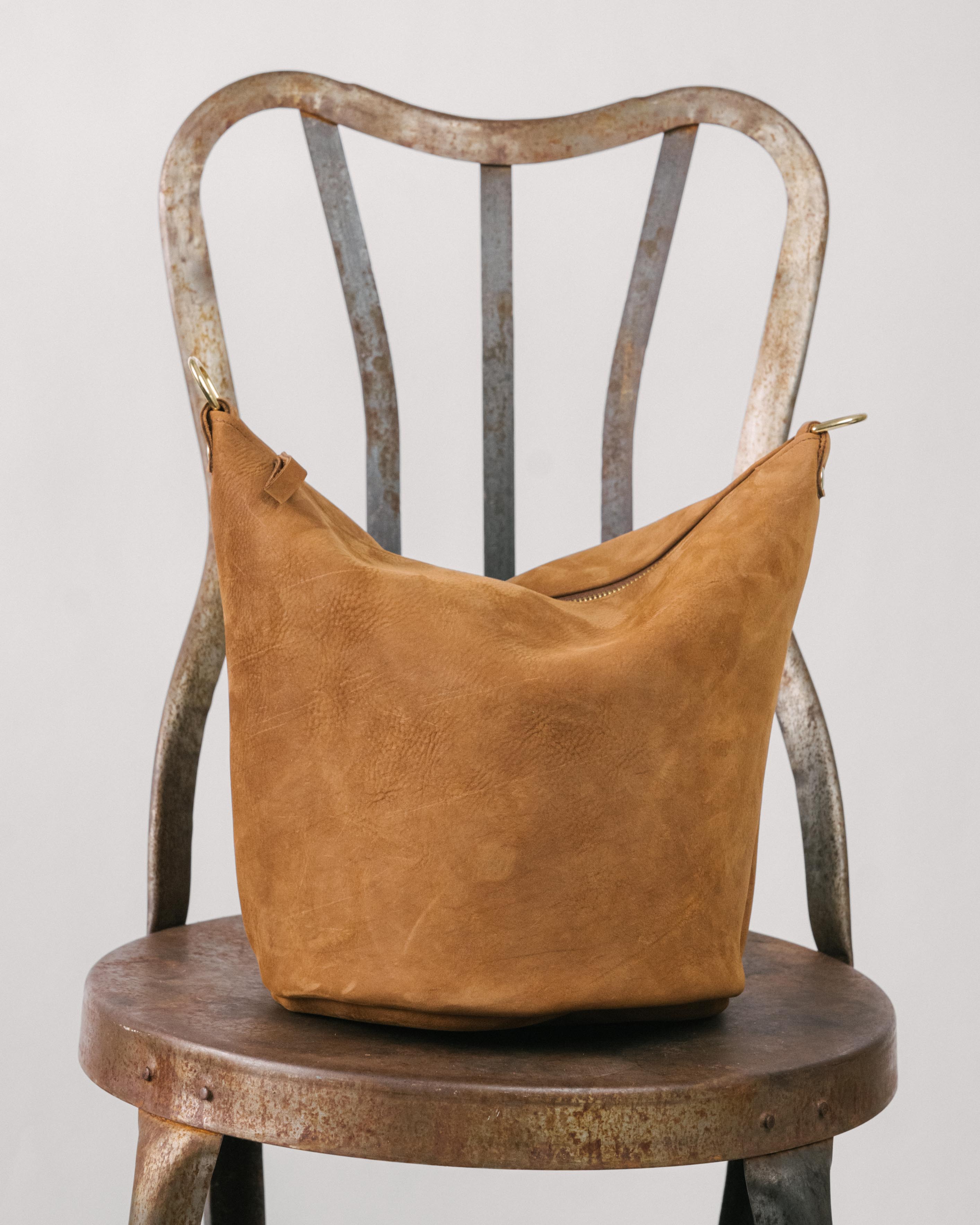 Tan Nubuck Mini Zip-Top Bucket Bag
