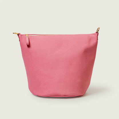 Pink Suede Zip-Top Bucket Bag