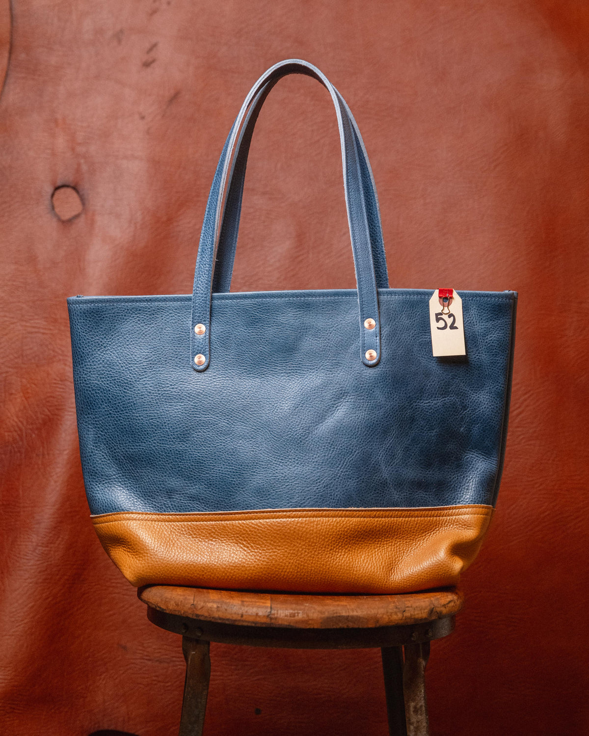 52. French Blue / Sand Bulldog East West Panel Tote with 9” Handles