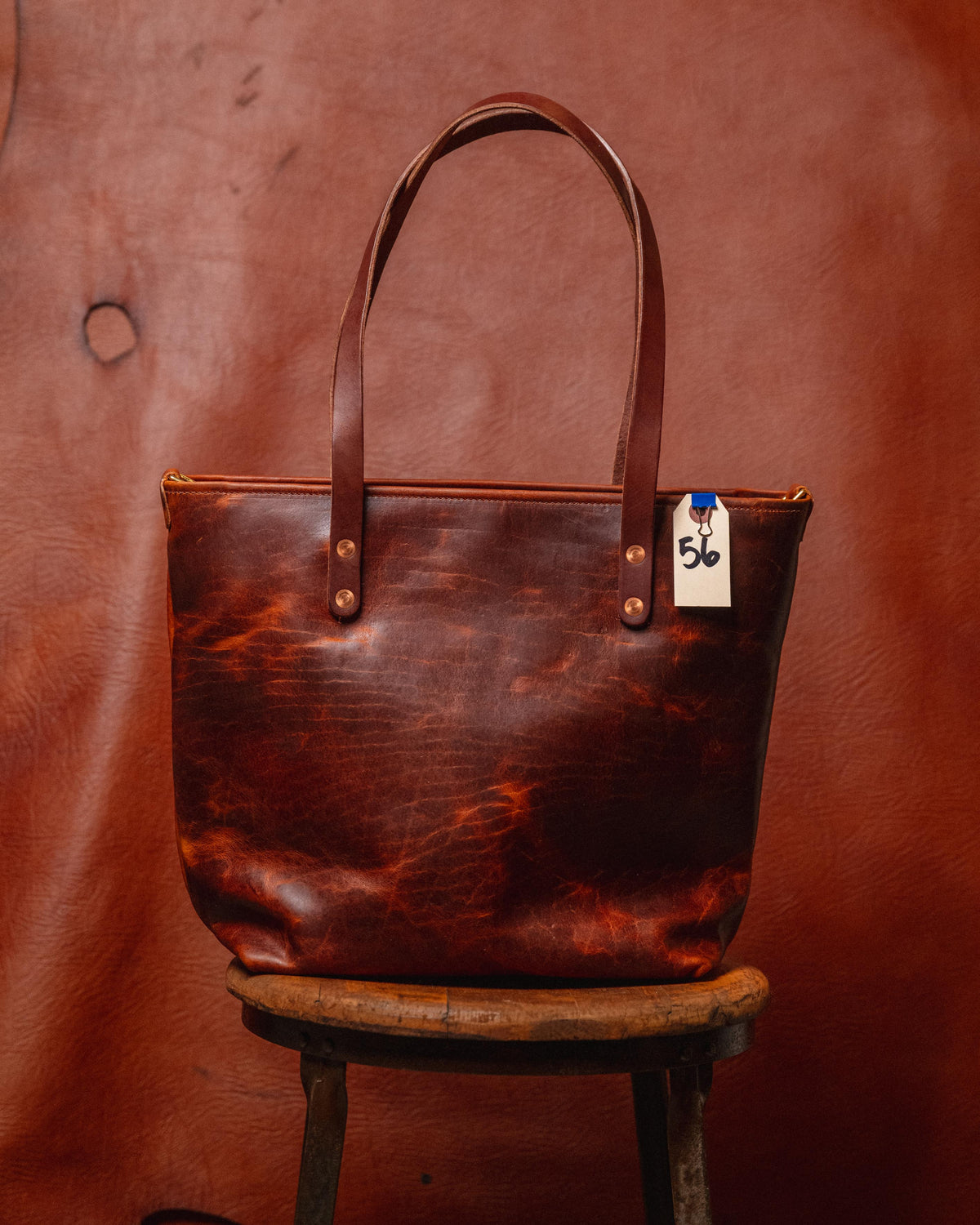 56. Tan Rustic Bison Tote w/ Zipper, D-Rings and 10” Handles
