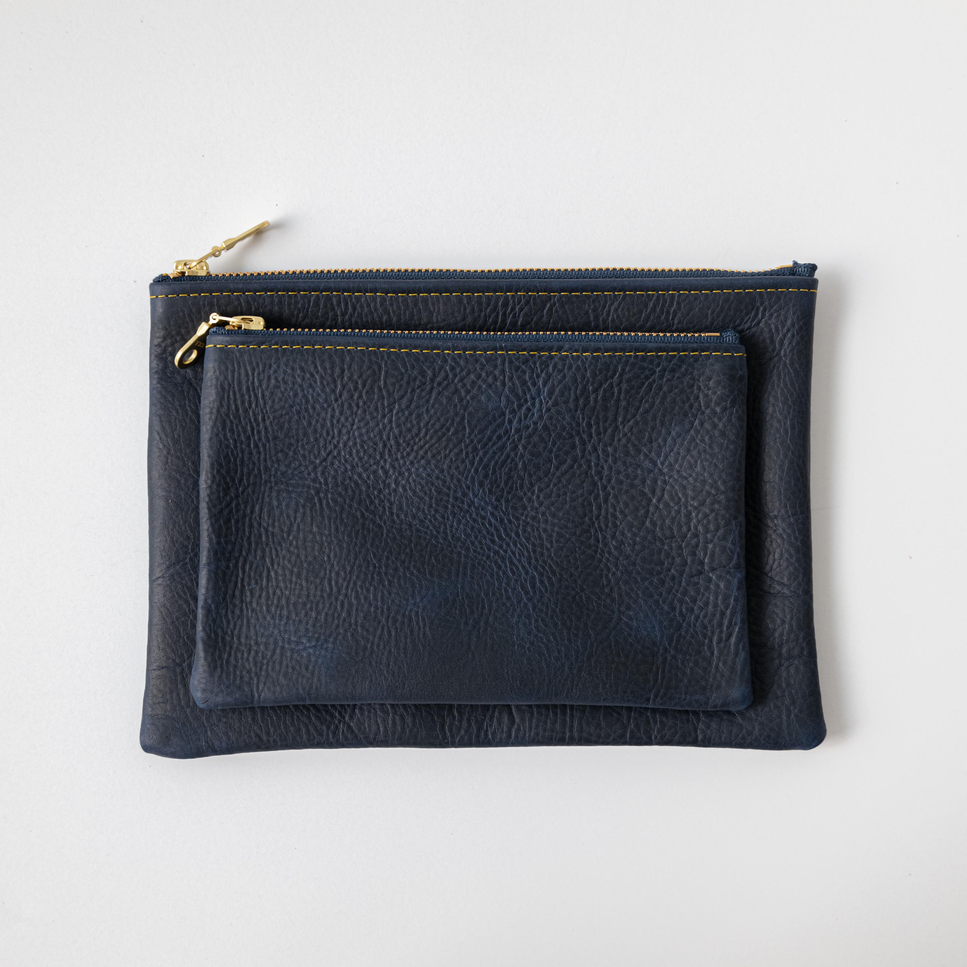 Navy Kodiak Medium Zip Pouch- leather zipper pouch - KMM &amp; Co.