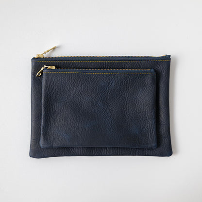 Navy Kodiak Medium Zip Pouch- leather zipper pouch - KMM &amp; Co.