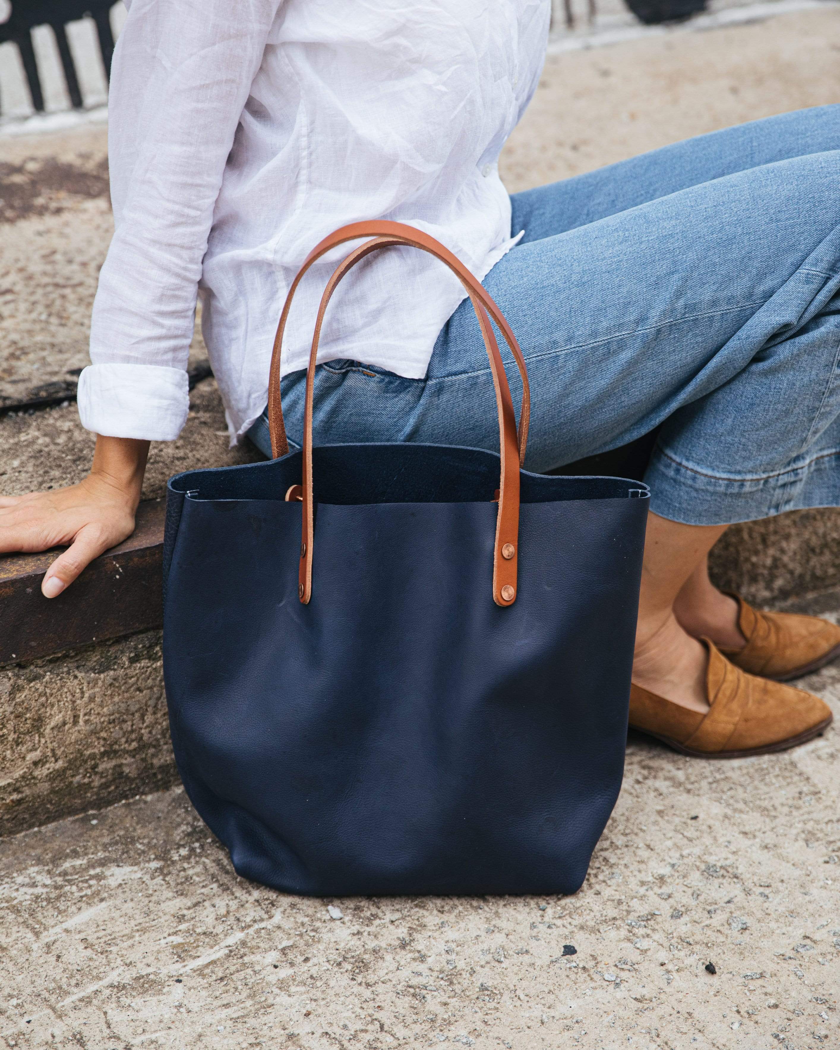 Navy leather tote bag sale