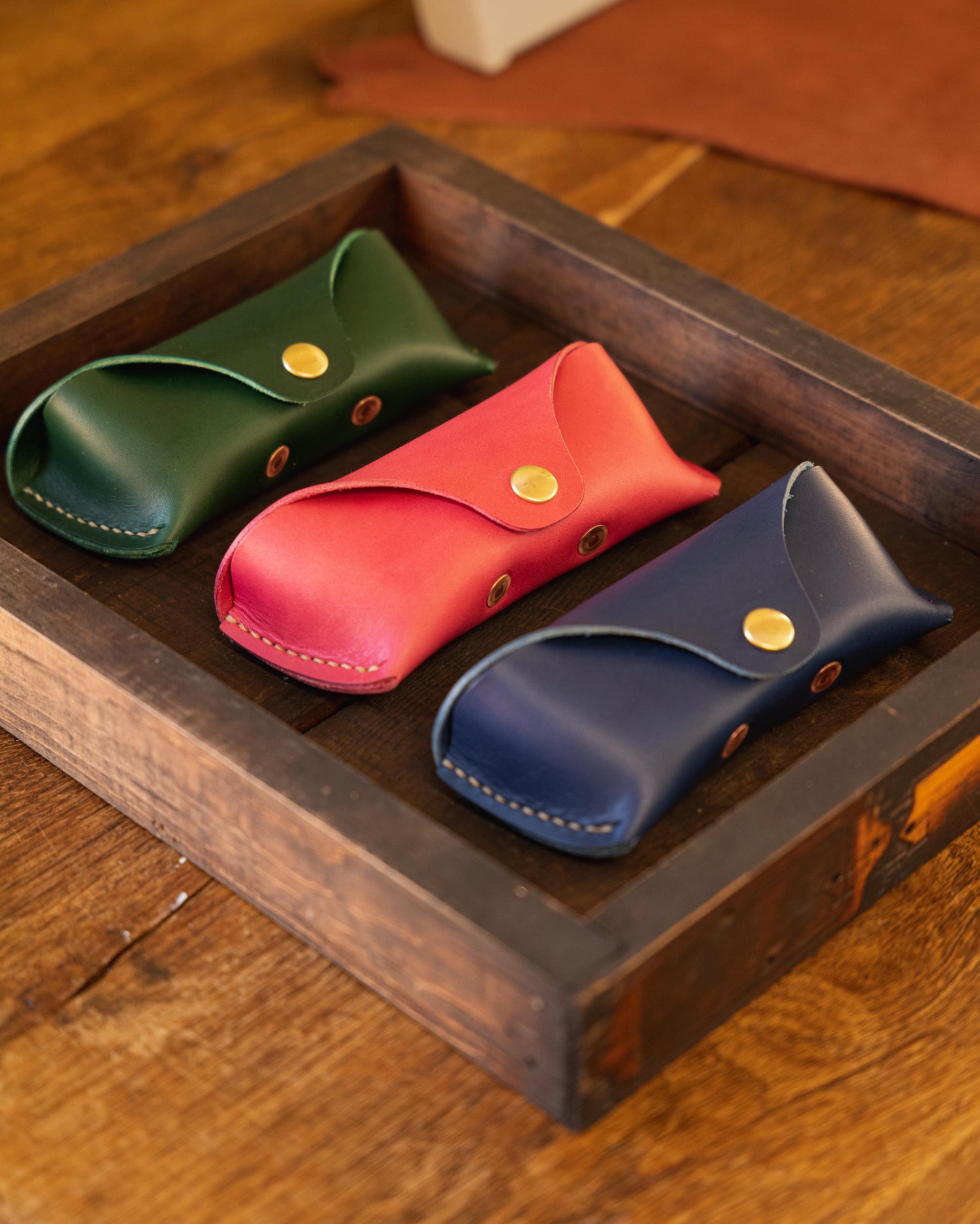 Hand Painted Recycled Leather Glasses Case in Navy and Gold 