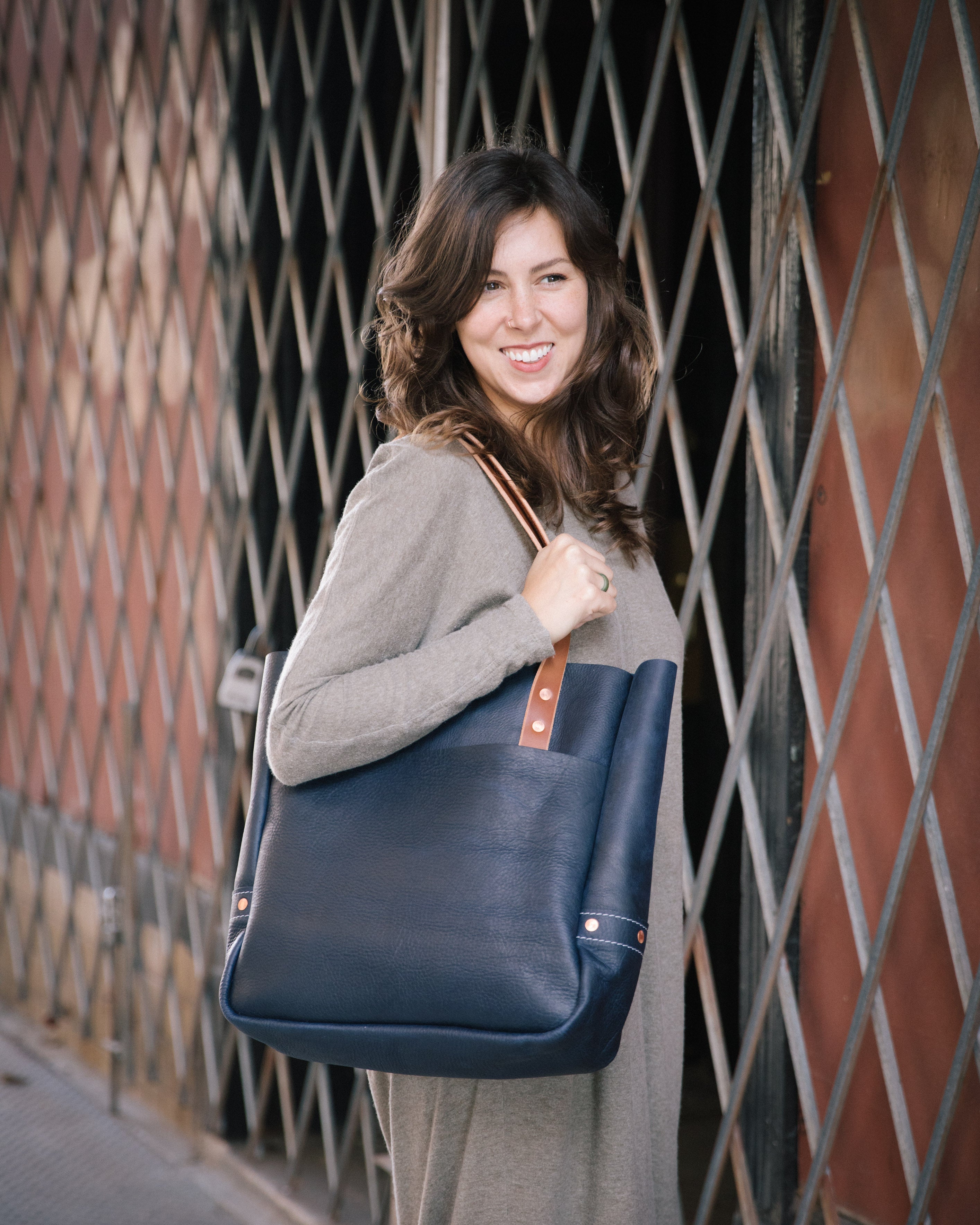 navy blue large leather tote bag