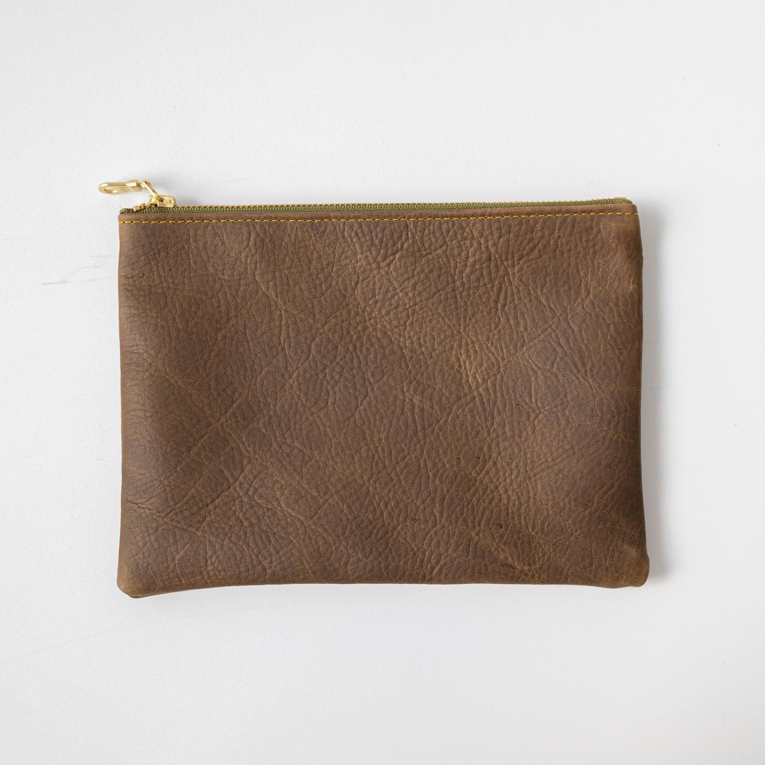 Olive Kodiak Medium Zip Pouch- leather zipper pouch - KMM &amp; Co.