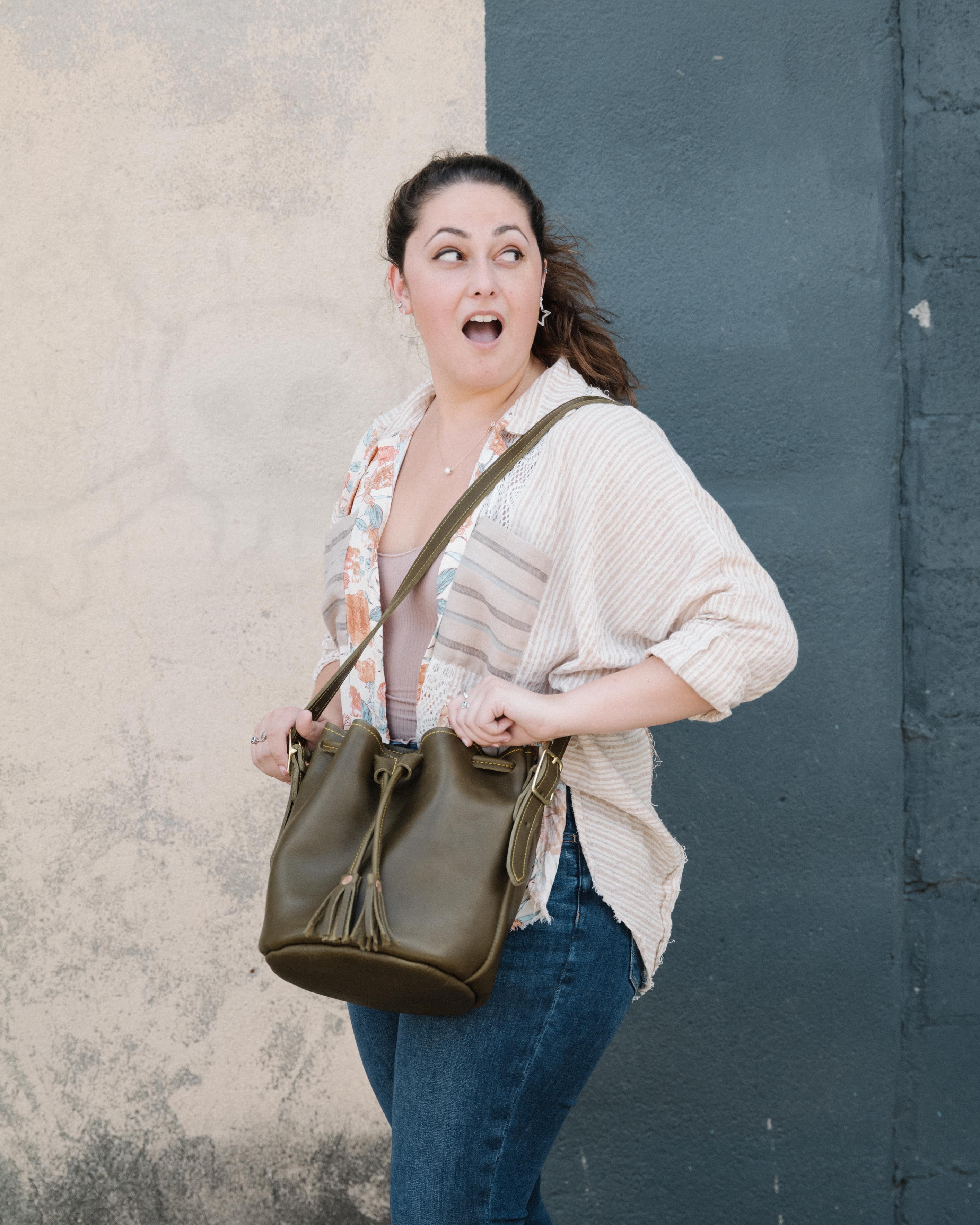 Olive Green leather bucket bag handmade in the USA