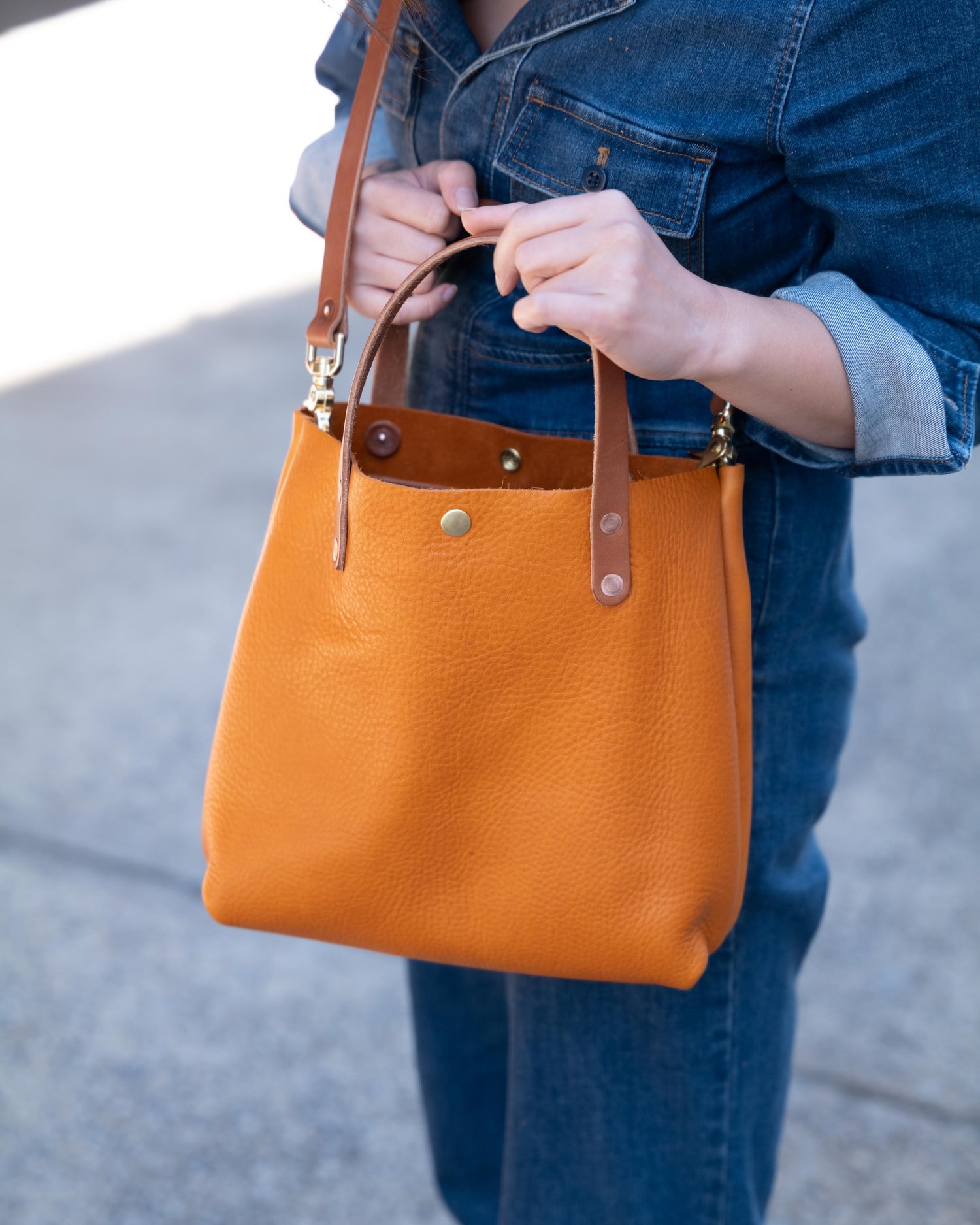 Orange-yellow Leather Mini tote bag with strap