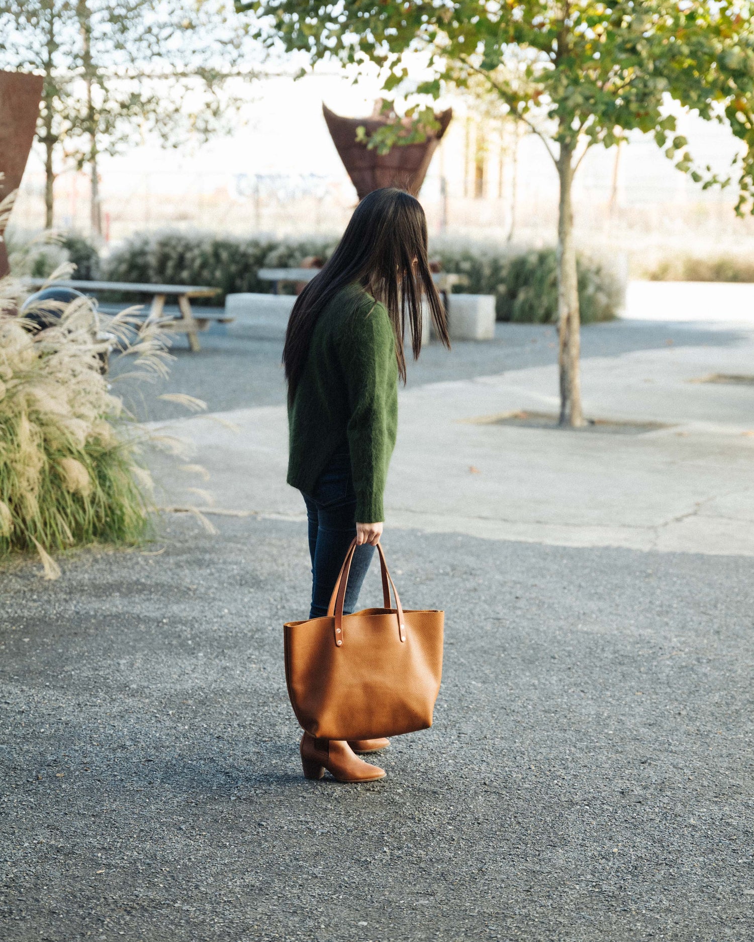 Scratch-and-Dent Cognac Cypress East West Tote- cognac tote bag handmade in America