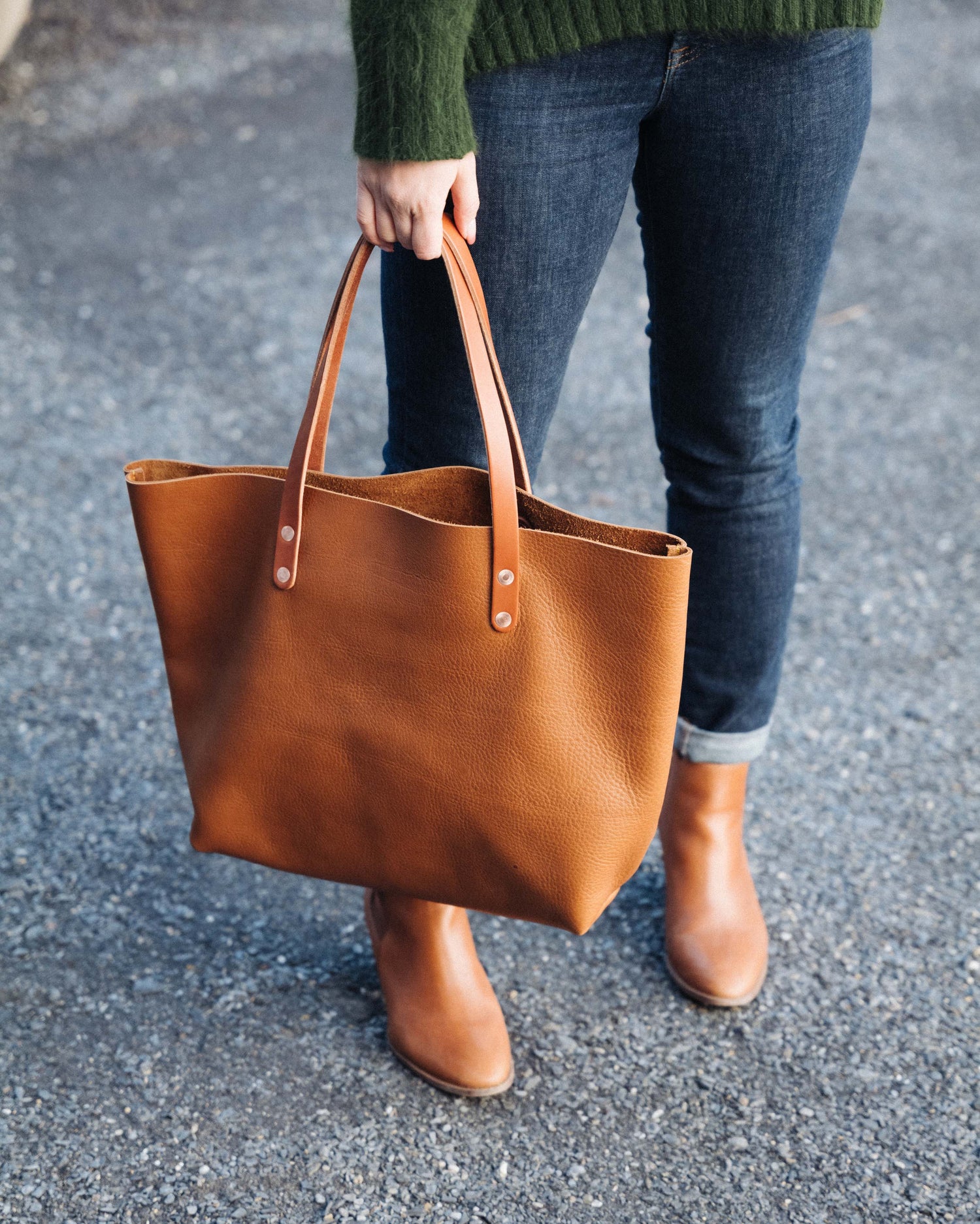 Scratch-and-Dent Cognac Cypress East West Tote- cognac tote bag handmade in America