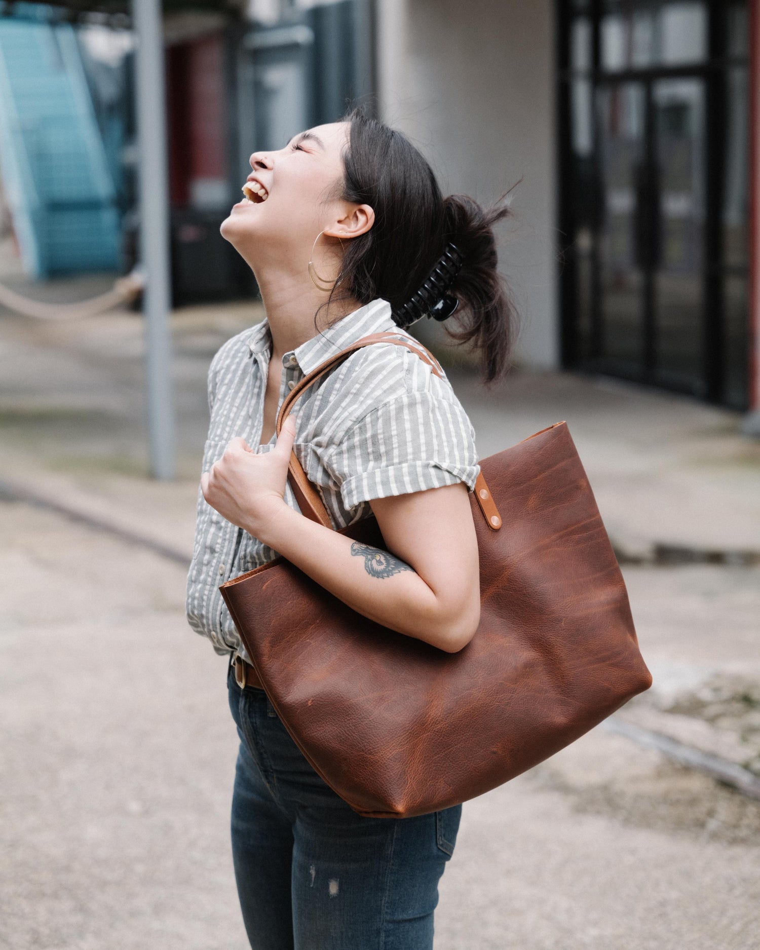 Tan Kodiak East West Tote- tan leather bag handmade in America