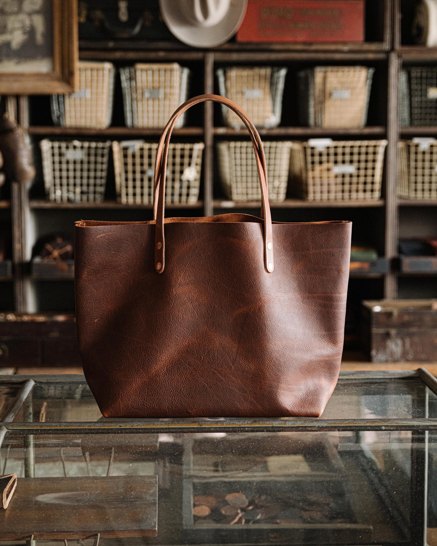 Tan Kodiak East West Tote- tan leather bag handmade in America