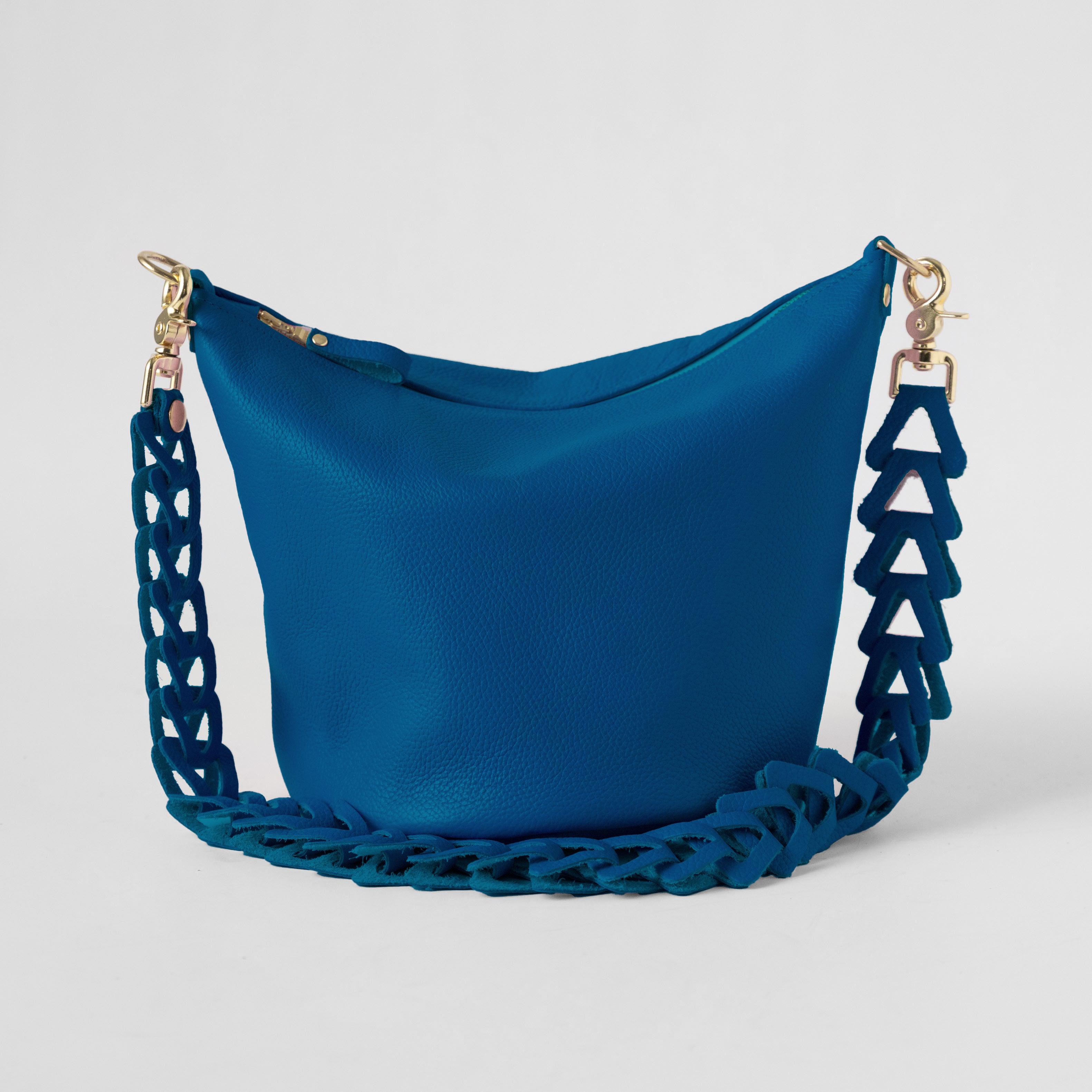 Blue Italian Pebbled Zip-Top Bucket Bag