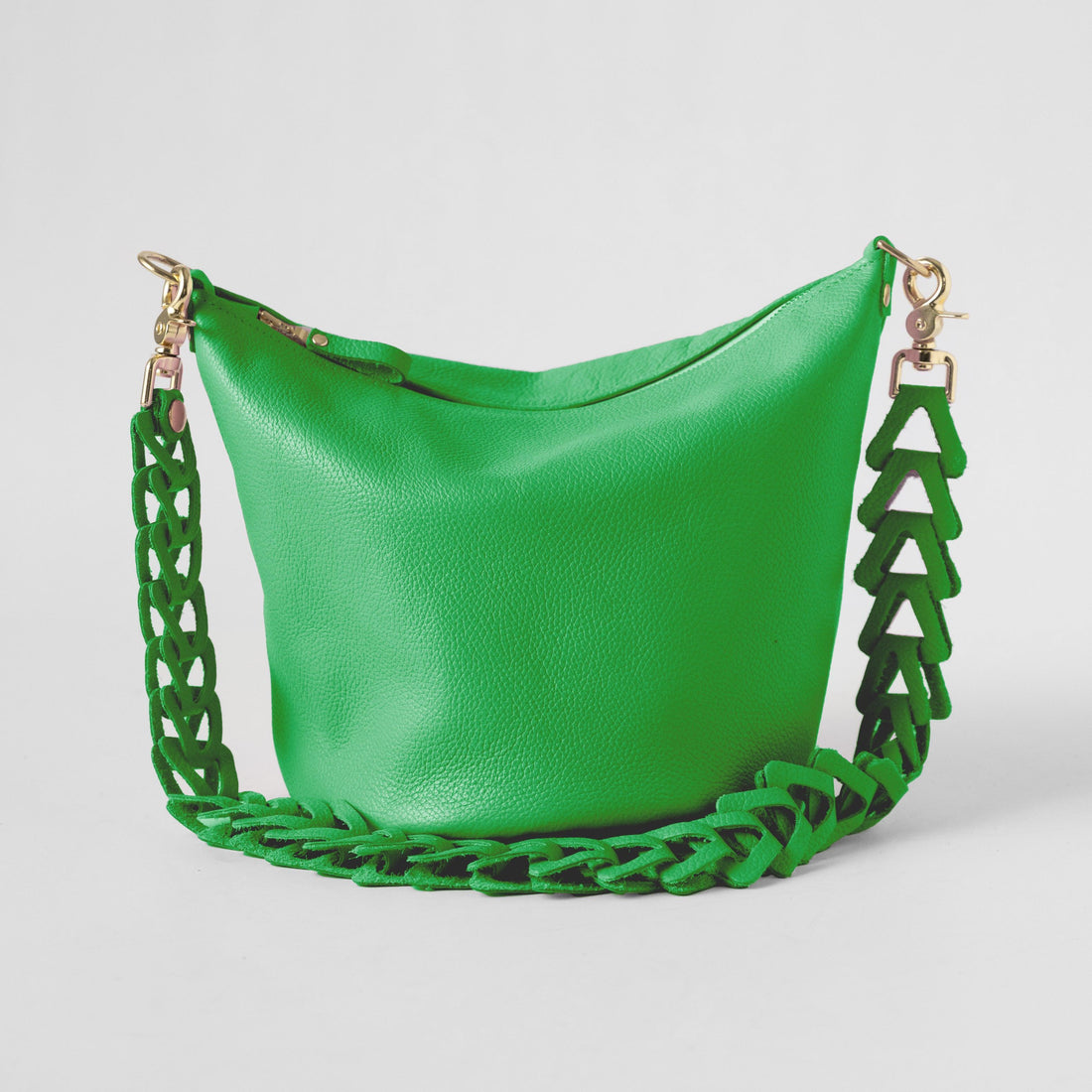 Bright Green Italian Pebbled Zip-Top Bucket Bag