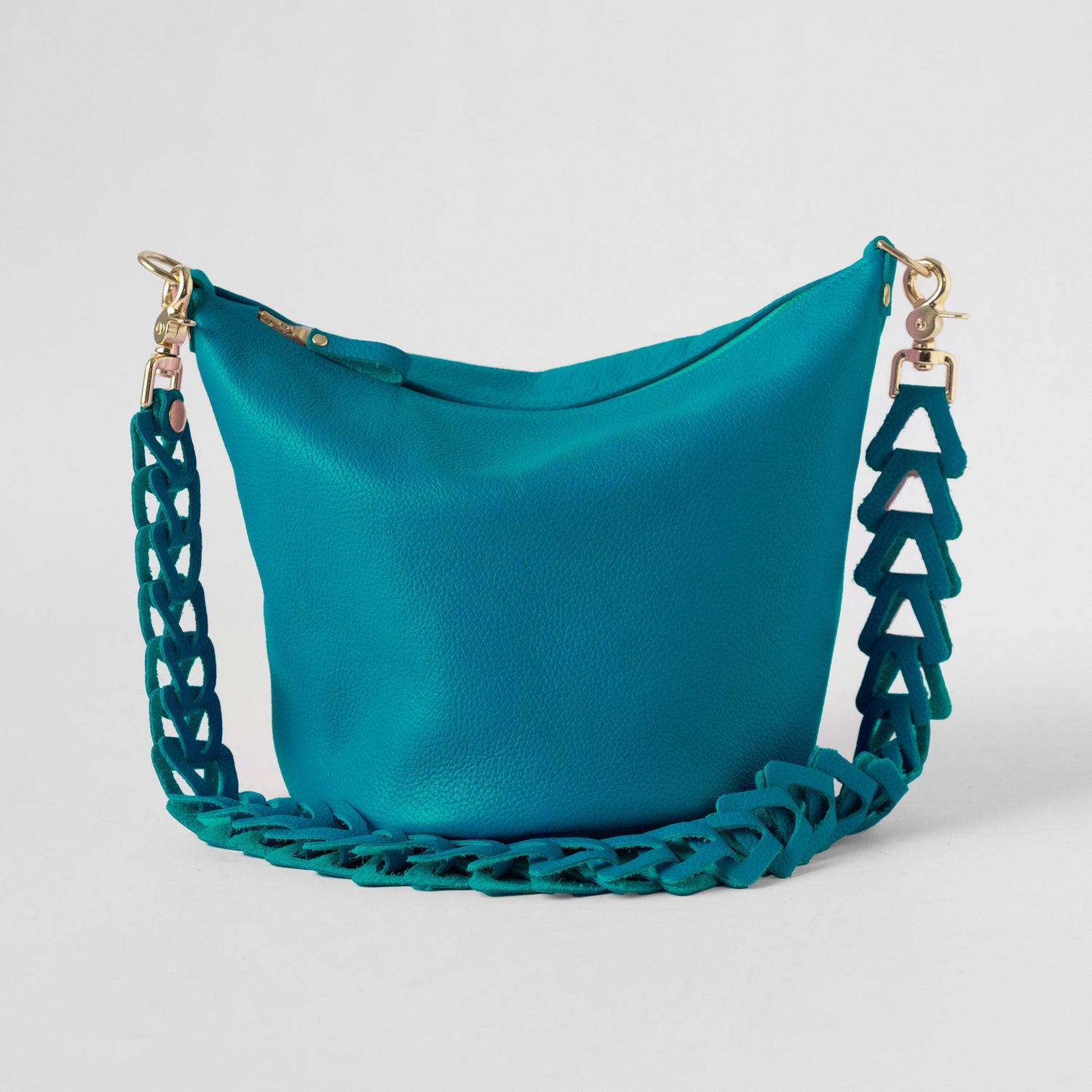 Turquoise Italian Pebbled Zip-Top Bucket Bag