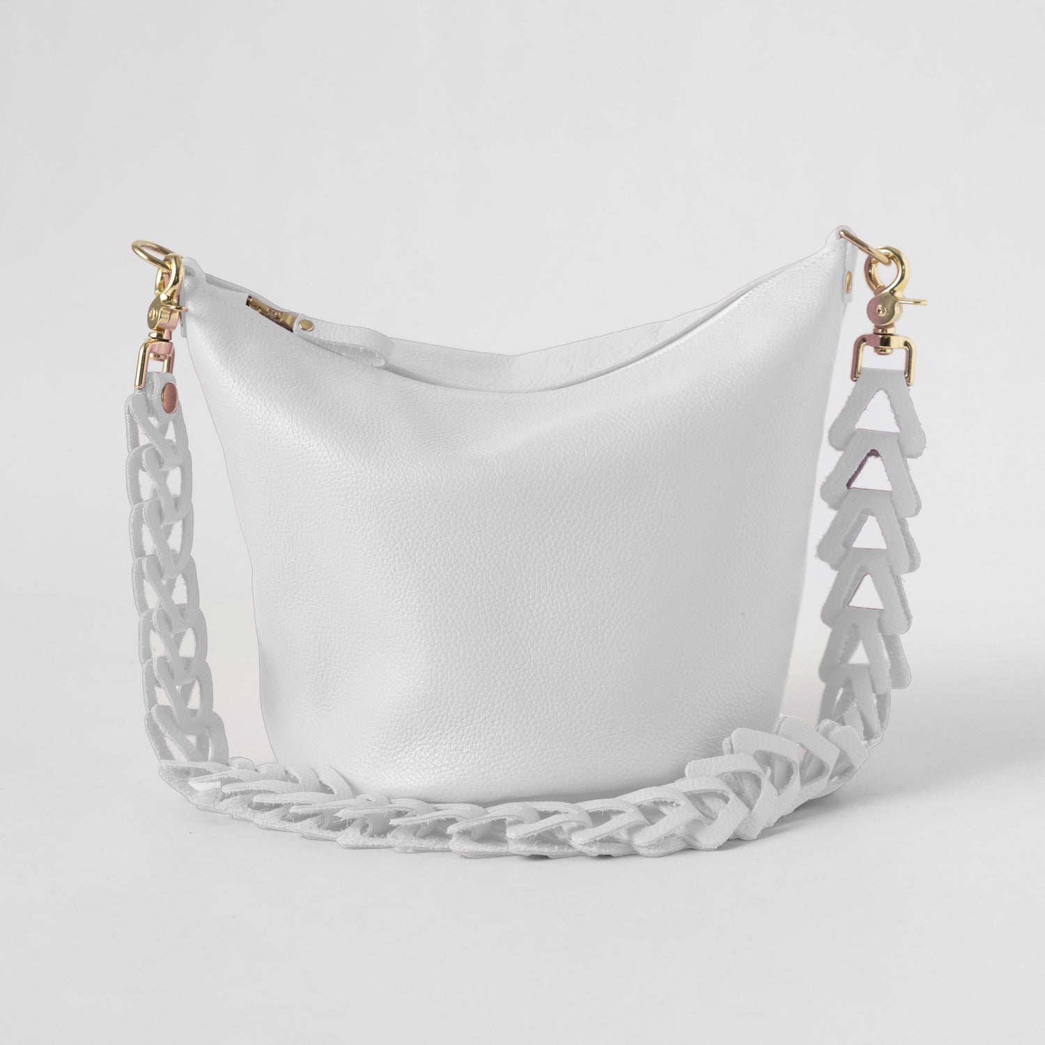 White Italian Pebbled Zip-Top Bucket Bag