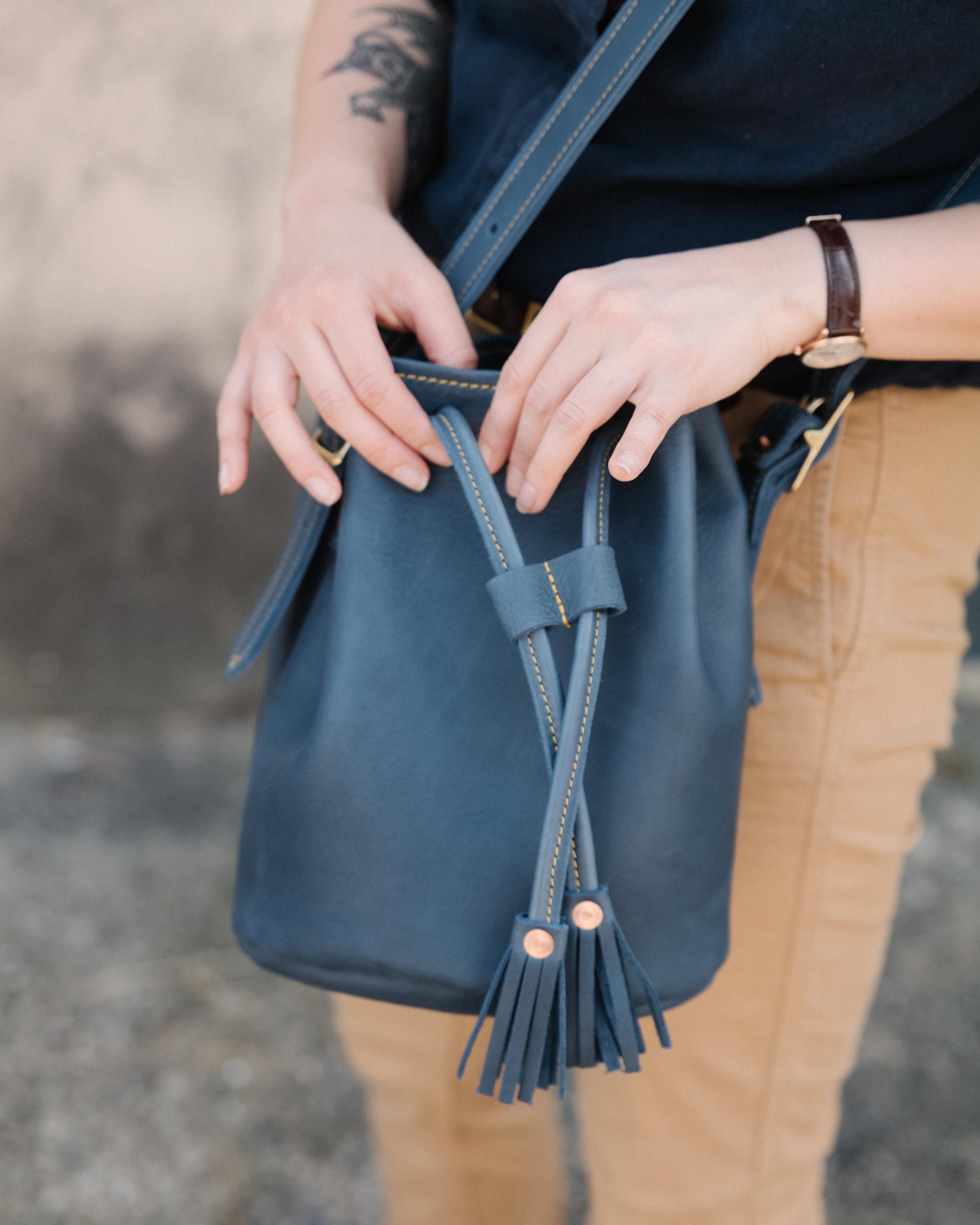 Blue leather best sale bucket bag